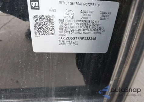 2022 Chevrolet Malibu Fwd Lt из США, поврежденный, VIN 1G1ZD5ST7NF132346